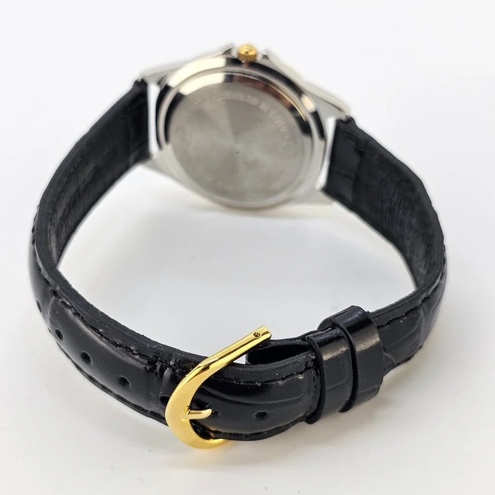 Men's Analog Dress Watch 37MM Light Gold Dial Black Leather Bands New Battery